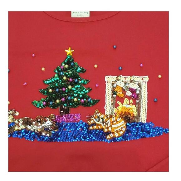 Vintage 1990s Quacker Factory Red Sequin Beaded Christmas Top 1X Holidays - Picture 3 of 12